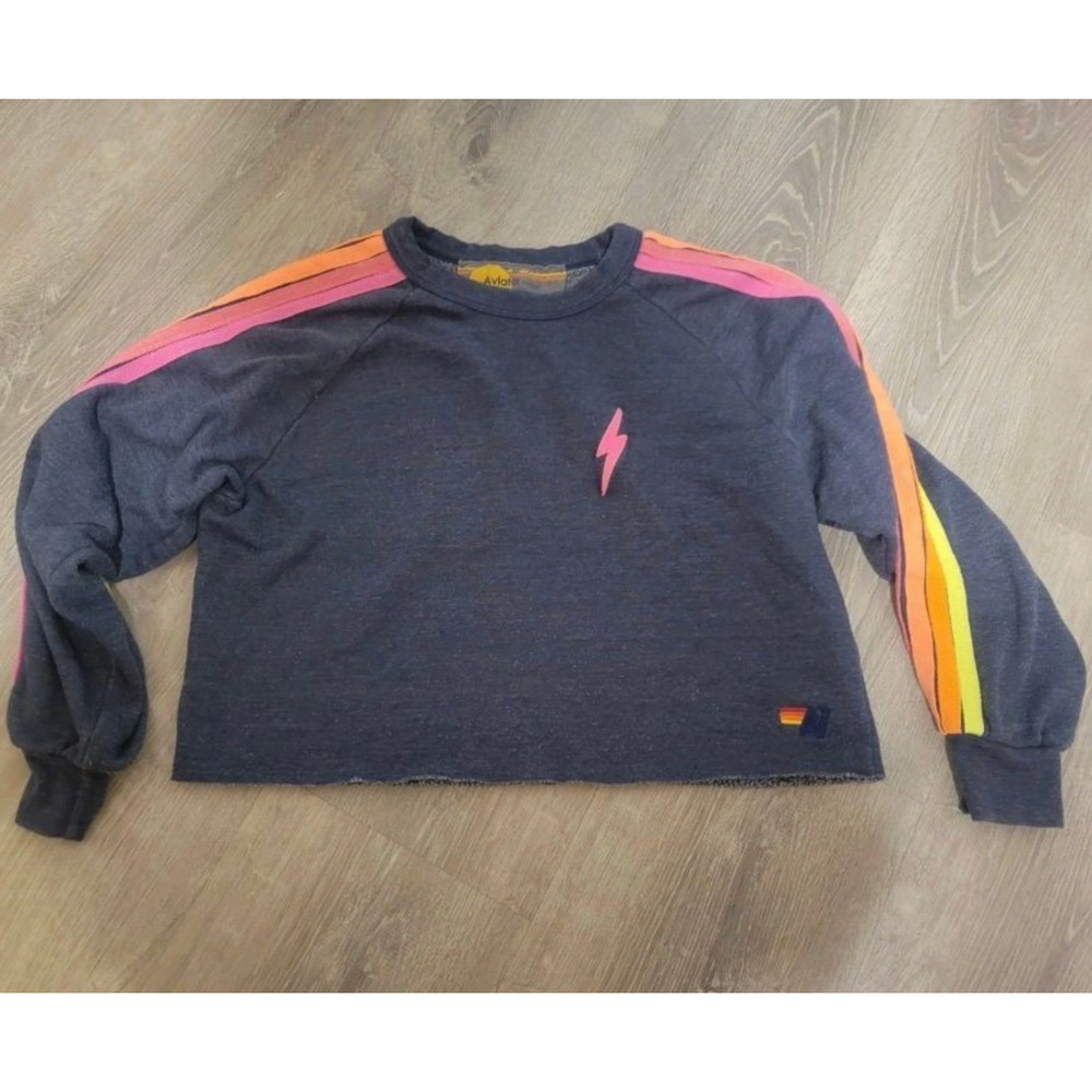 Aviator Nation Rainbow Stripe Crop Sweatshirt Lightning Bolt Gray Medium